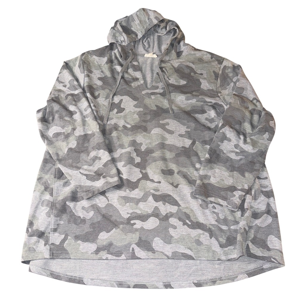 Jane and Delancey Hoodie 1X Grey Camo Split Neck Pleated Back Pullover Top